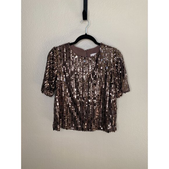 Loft Womens Brown Short Sleeve Sequin Top Sparkle Bronze Polyester Blend XS - Picture 1 of 6